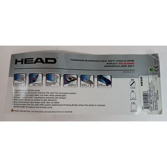 Head Tarpon/Barracuda Dry/Volo One Adult Snorkeling Set SM 3.5/6 NEW w Mesh Bag